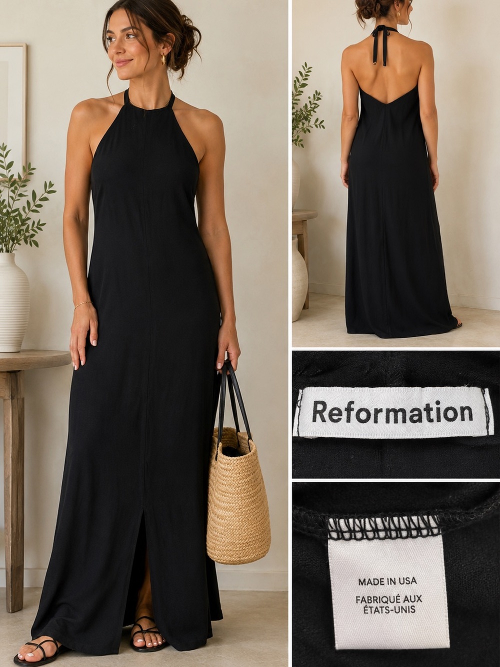 Reformation Black Halter Backless Maxi Dress Made in USA - Medium